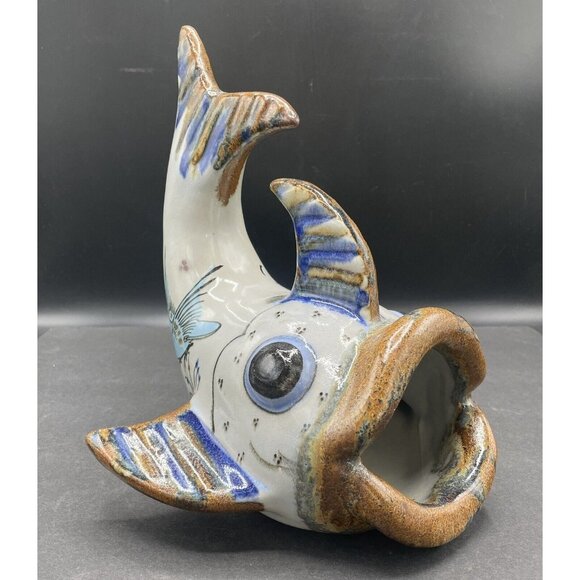 Ken Edwards Tonala Mexican Pottery Wide Mouth Fish Handmade Hand Painted Signed - Picture 2 of 13